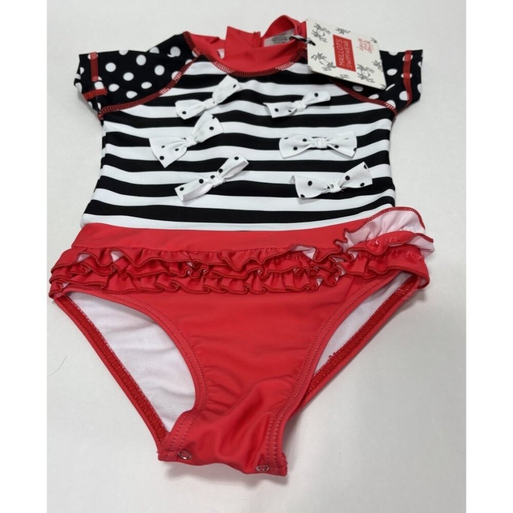24M Toddler Swimsuit Black White Stripes Red Zipper Back Snap Closure Swimwear
